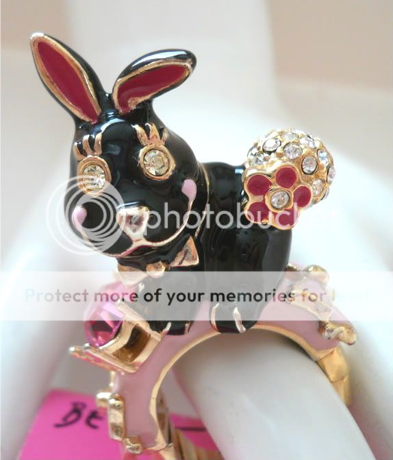 Betsey Johnson Bunny Ring features black enamel, pink flower, pave 